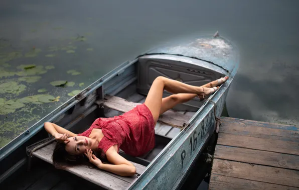 Взгляд, девушка, поза, лодка, ножки, красное платье, Дмитрий Шульгин
