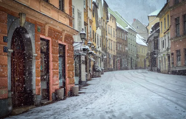 Картинка снег, city, город, улица, здание, снегопад, Street, snow