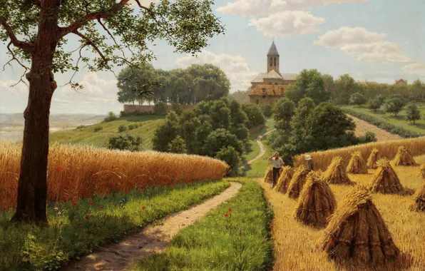 Картинка пшеница, поле, небо, облака, свет, деревья, пейзаж, дома