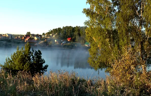 Картинка туман, утро, Озеро, деревня, тайга, Сибирь