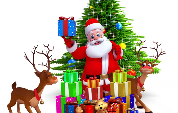 Картинка фото, елка, Рождество, подарки, Новый год, рога, олени, праздники