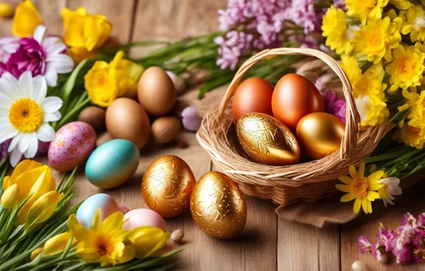 Картинка цветы, яйца, весна, colorful, Пасха, happy, flowers, spring