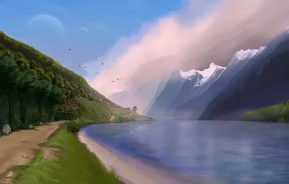 Картинка зелень, лес, облака, деревья, пейзаж, горы, озеро, берег