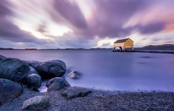 Rock, sunset, night, cloud, lake