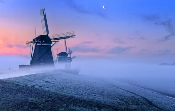 Kinderdijk, windmills, the netherlands, Holland mists