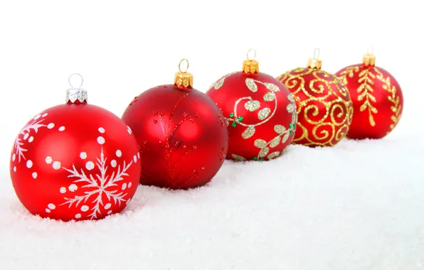 Снег, шары, узоры, игрушки, Новый Год, Рождество, красные, Christmas