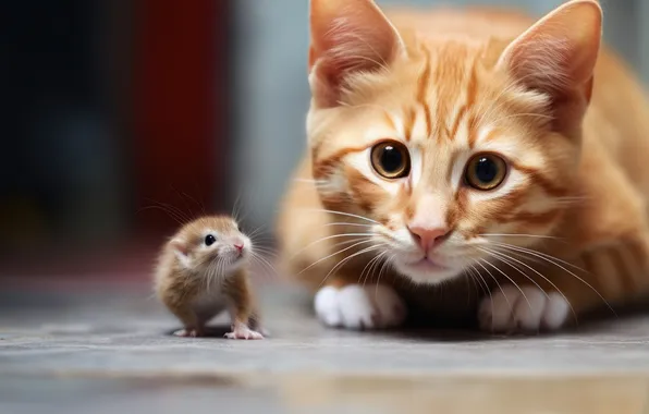 Кошка, взгляд, поза, котенок, мышка, рыжий, мордашка, грызун