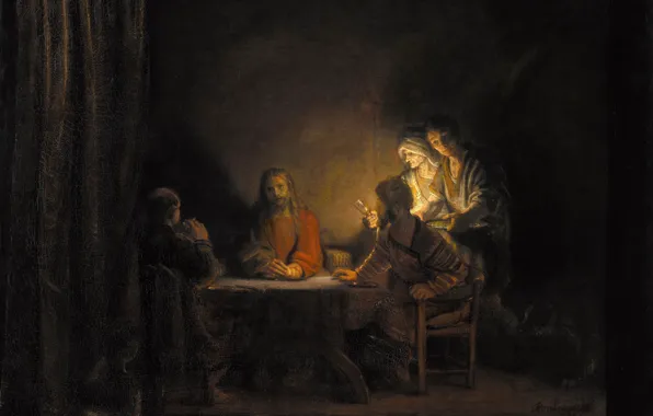 Картинка картина, жанровая, Рембрандт ван Рейн, Мастерская Рембрандта. Ужин в Эммаусе