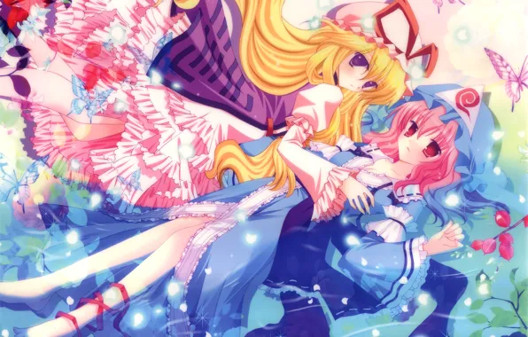 Вода, бабочки, ветки, девушки, арт, touhou, yakumo yukari, saigyouji yuyuko