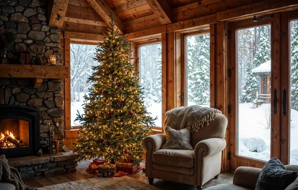 Украшения, комната, елка, интерьер, Рождество, подарки, Новый год, Christmas