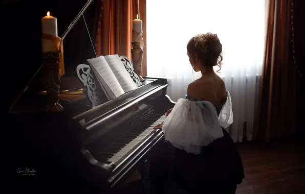 Картинка девушка, ноты, спина, свечи, рояль, Анна Шувалова