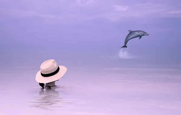 Море, девушка, дельфин, стиль, фон