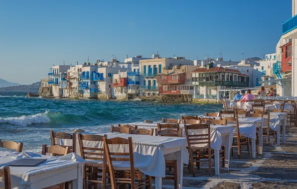 Картинка море, город, стулья, дома, ресторан, набережная, столики, Greece