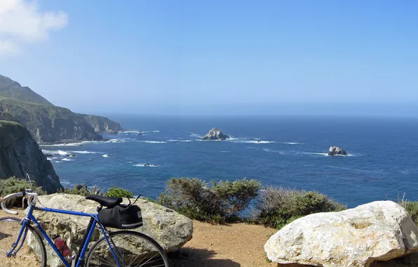 Картинка океан, берег, bike, привал