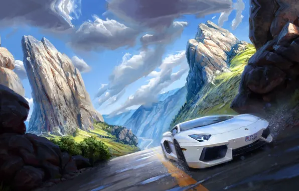 Картинка авто, пейзаж, горы, арт, Michal Kus, Lambo speeding
