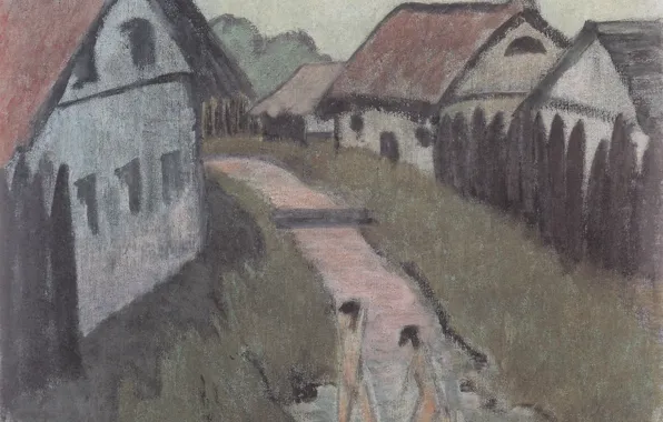 Девушки, дома, речка, Экспрессионизм, Otto Mueller, ca1928, Dorfbach mit Badenden