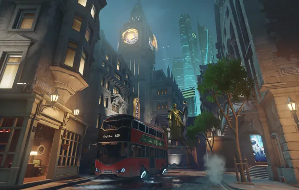 Деревья, автобус, Overwatch