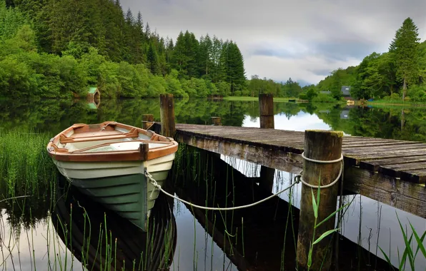 Картинка лодка, Озеро, мостик, отражение.