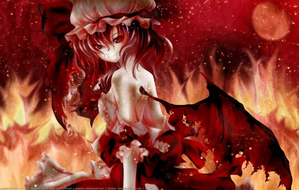 Кровь, плямя, полнолуние, красные глаза, touhou, Вампирша, Remilia Scarlet, рваные крылья