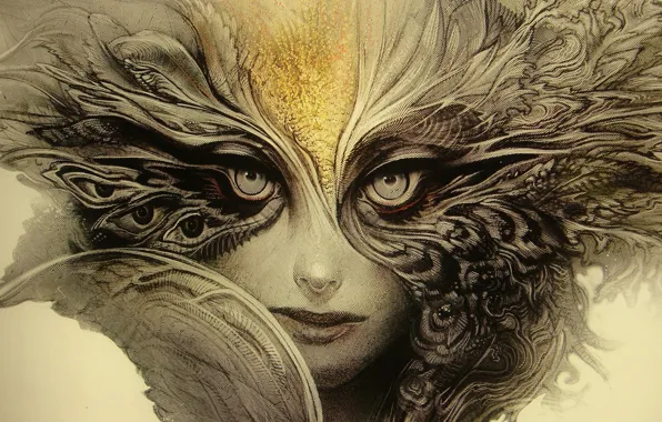 Woman, eyes, feathers, look