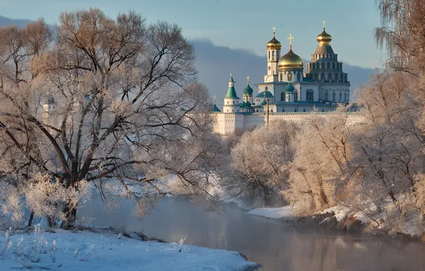 Снег, деревья, река, храм, Россия, монастырь, изморозь, Московская область