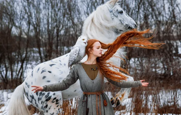 Картинка зима, девушка, поза, конь, птица, лошадь, руки, рыжая