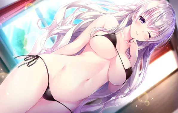 Girl, sexy, cleavage, long hair, boobs, anime, beautiful, purple eyes