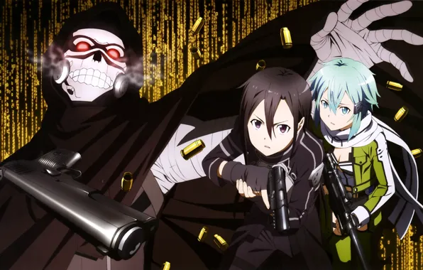 Пистолеты, череп, шарф, голубые волосы, art, Sword Art Online, Kirito, черный плащ