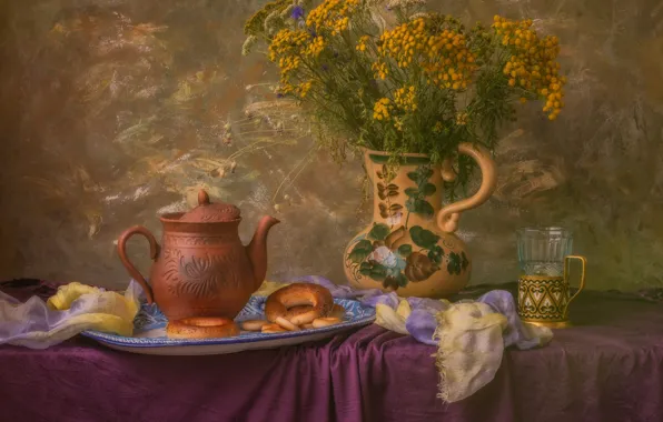 Цветы, стакан, стол, букет, чайник, чаепитие, ткань, кувшин