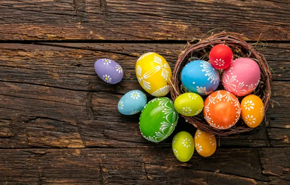 Картинка colorful, Пасха, happy, wood, spring, Easter, eggs, holiday