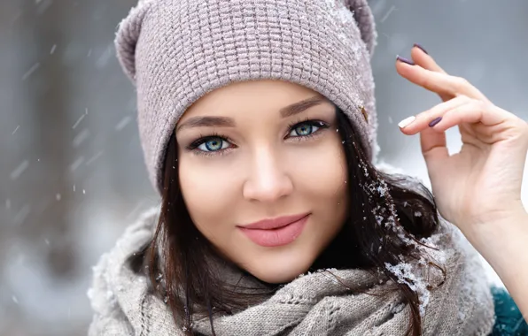 Картинка зима, девушка, снег, портрет, фотограф, шапочка, Denis Petrov, Angelina Petrova