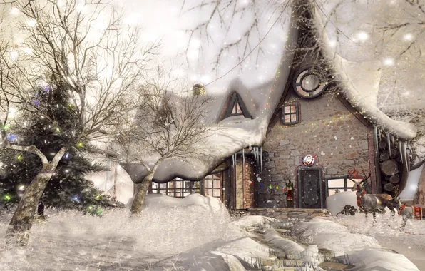 Картинка снег, деревья, домик, олени