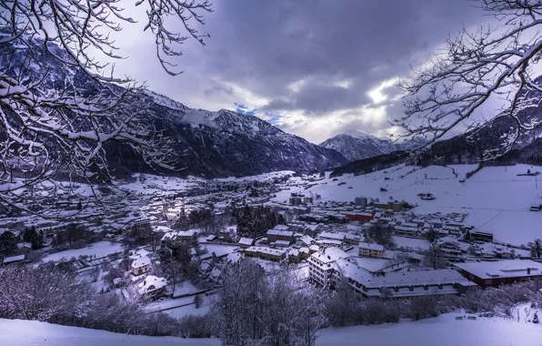 Зима, снег, горы, вид, дома, Швейцария, панорама, Glarus