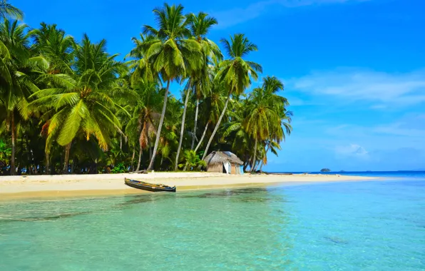Картинка море, пляж, тропики, пальмы, лодка, домик