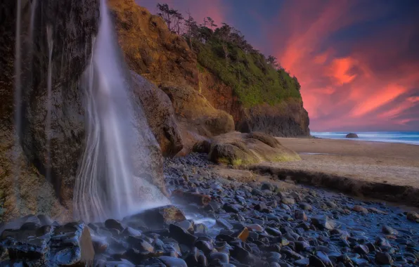 Картинка закат, камни, скалы, побережье, водопад, Орегон, Oregon, Pacific Ocean