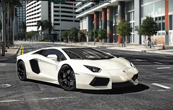 Авто, Город, Lamborghini, Белый, Машина, Car, Aventador, Рендеринг