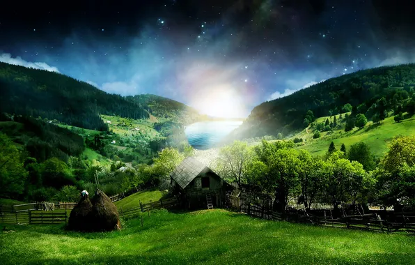 Картинка лес, ночь, дом, звёзды, стог, сено, Холмы