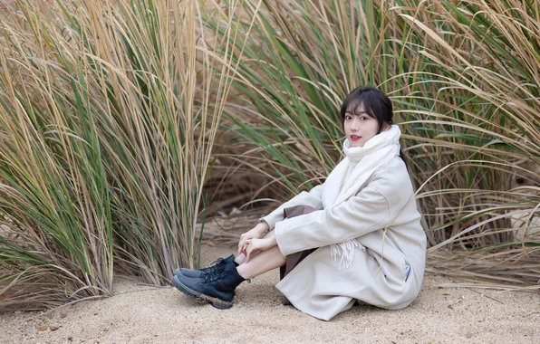 Grass, Beautiful, Asian, Model, Smile, Sand, Woman, Cute