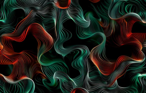 Волны, линии, абстракция, зеленые, красные, черный фон, рельеф, абстрактный фон