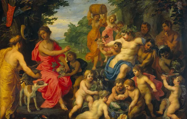 Масло, картина, мифология, Хендрик ван Бален, Hendrik van Balen, Бахус и Диана, 1632