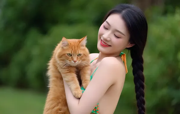 Кот, девушка, коса, китаянка, бикини, азиатка, длинные волосы, рыжий кот