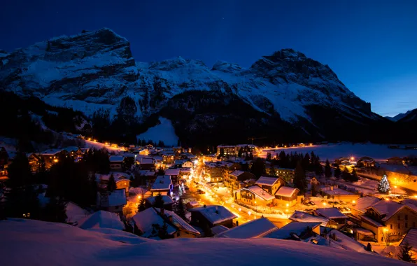 Картинка зима, свет, снег, горы, ночь, огни, Франция, здания