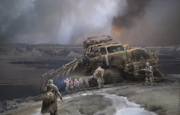 Дети, транспорт, дым, встреча, Resupply Caravan