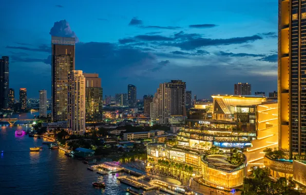 Река, здания, Тайланд, Бангкок, Thailand, ночной город, небоскрёбы, Bangkok