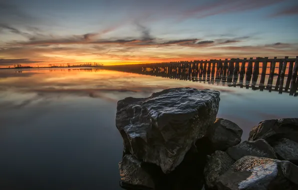 Закат, озеро, камни, Швеция, Sweden, Boholmen