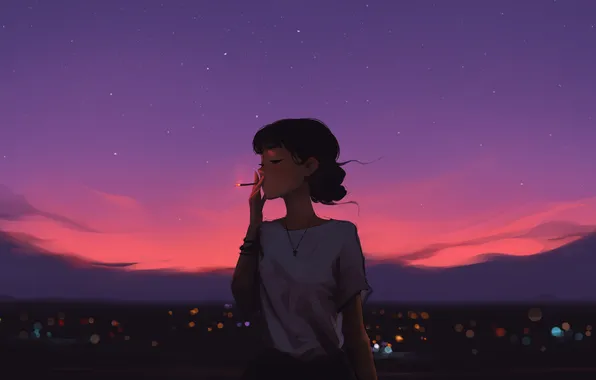 Картинка sky, city lights, stars, dusk, women, artwork, sunlight, necklace