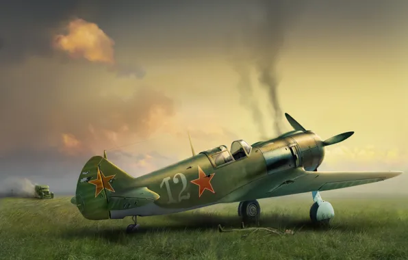 Картинка война, истребитель, арт, самолёт, аэродром, повреждения, советский, одномоторный
