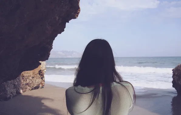 Girl, waves, beach, sand, hair, brunette