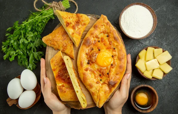 Зелень, яйцо, яйца, руки, сыр, пирог, кусочки, пучок