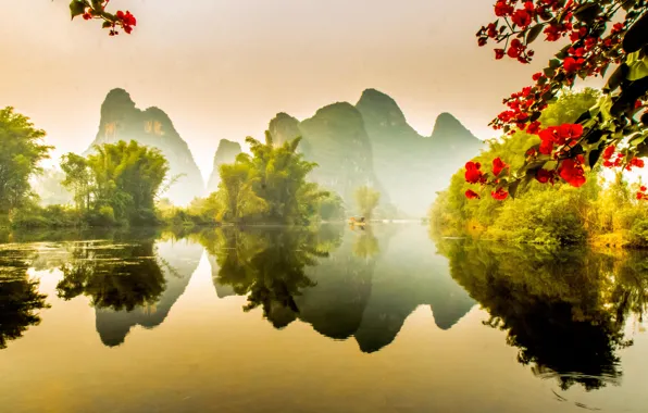 Картинка вода, цветы, горы, природа, озеро, отражение, река, Китай